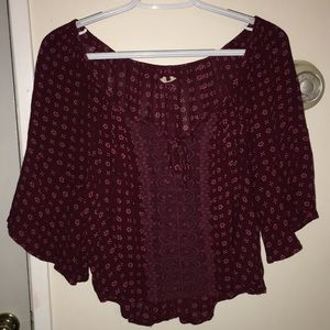 Maroon 3/4 flare sleeve mock front lace crop top